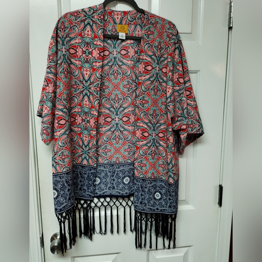 Ruby Rd. Coral & Teal Paisley Open-Front Kimono
